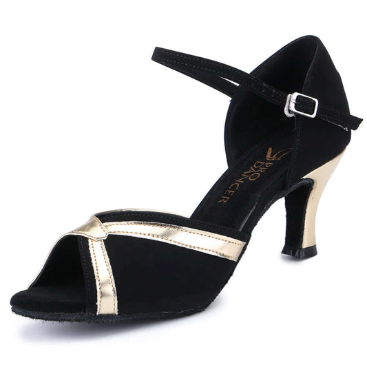 Pro Dancer Ballroom Shoes for Latin, Salsa & Rumba - Black/Gold Heels6