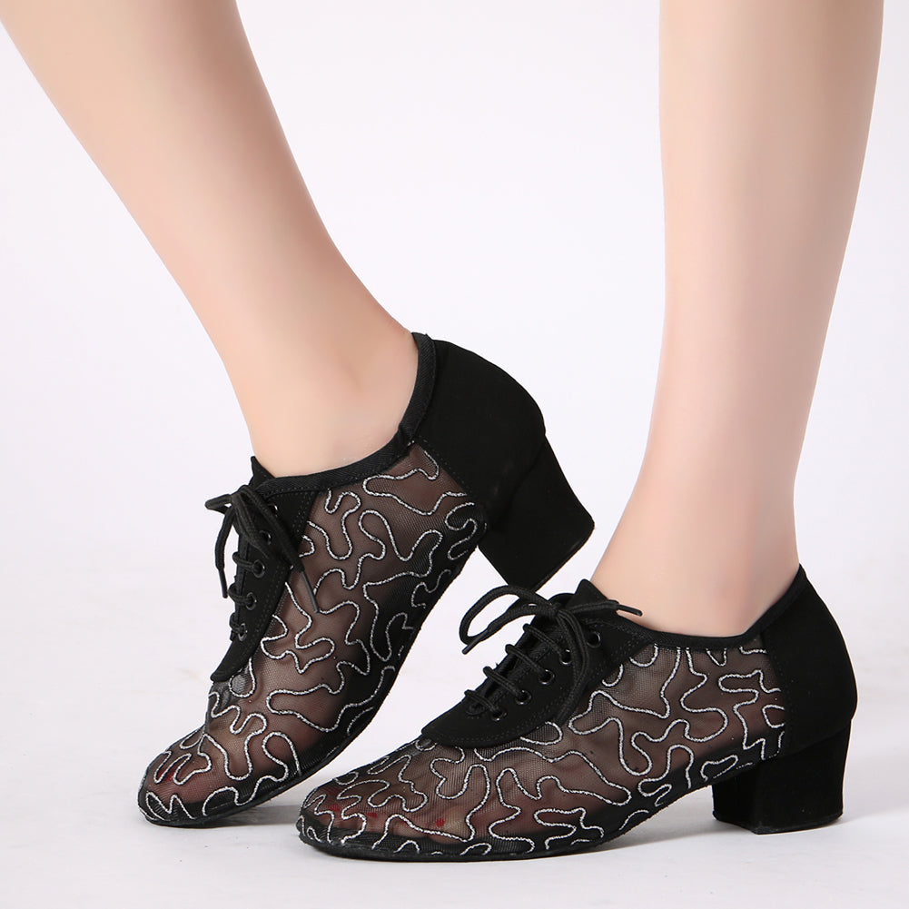 Women Ballroom Dancing Shoes with Suede Sole, Lace-up Closed-toe Design in Black and Silver for Tango Latin Practice (PD5004C)2