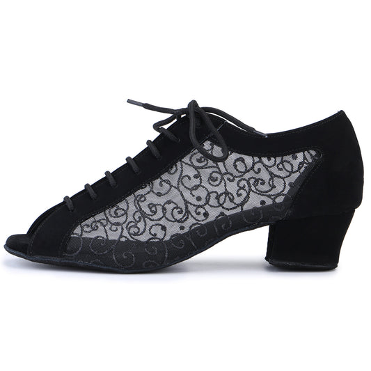 Women black open-toe ballroom dancing shoes with suede sole for tango and latin practice5