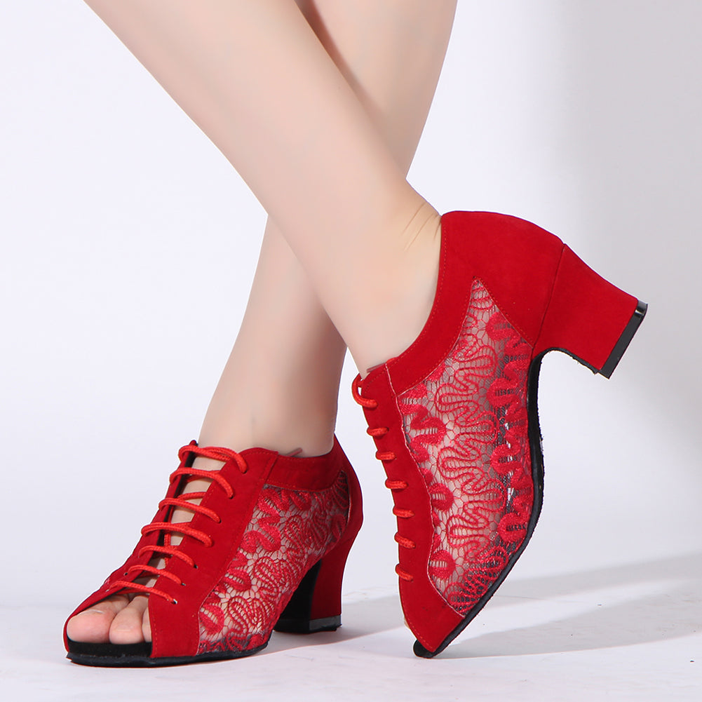 Women Ballroom Dancing Shoes Ladies Tango Latin Practice Dance Shoe Suede Sole Lace-up Open-toe Red (PD1123D)