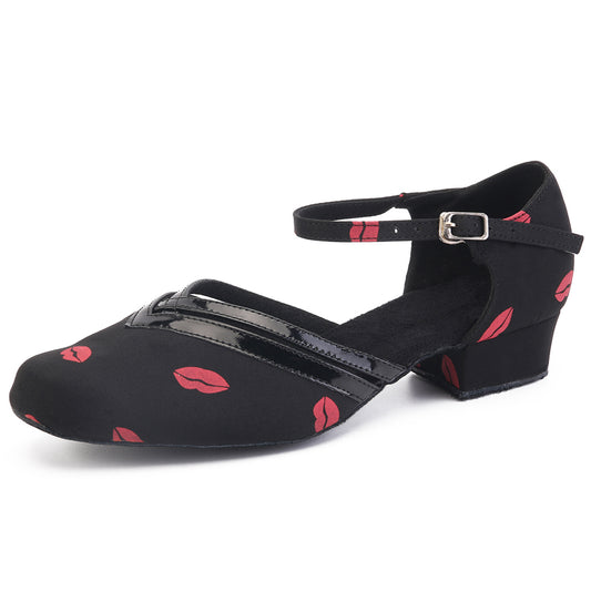 Women Ballroom Dancing Shoes with Suede Sole, Buckle-up Closed-toe Design in Black and Red for Tango Latin Practice (PD8881D)1