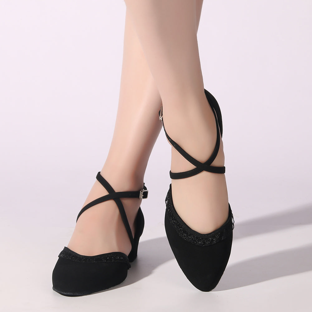 Women black lace-up closed-toe ballroom dancing shoes with suede sole for tango and latin practice (PD2016A)0