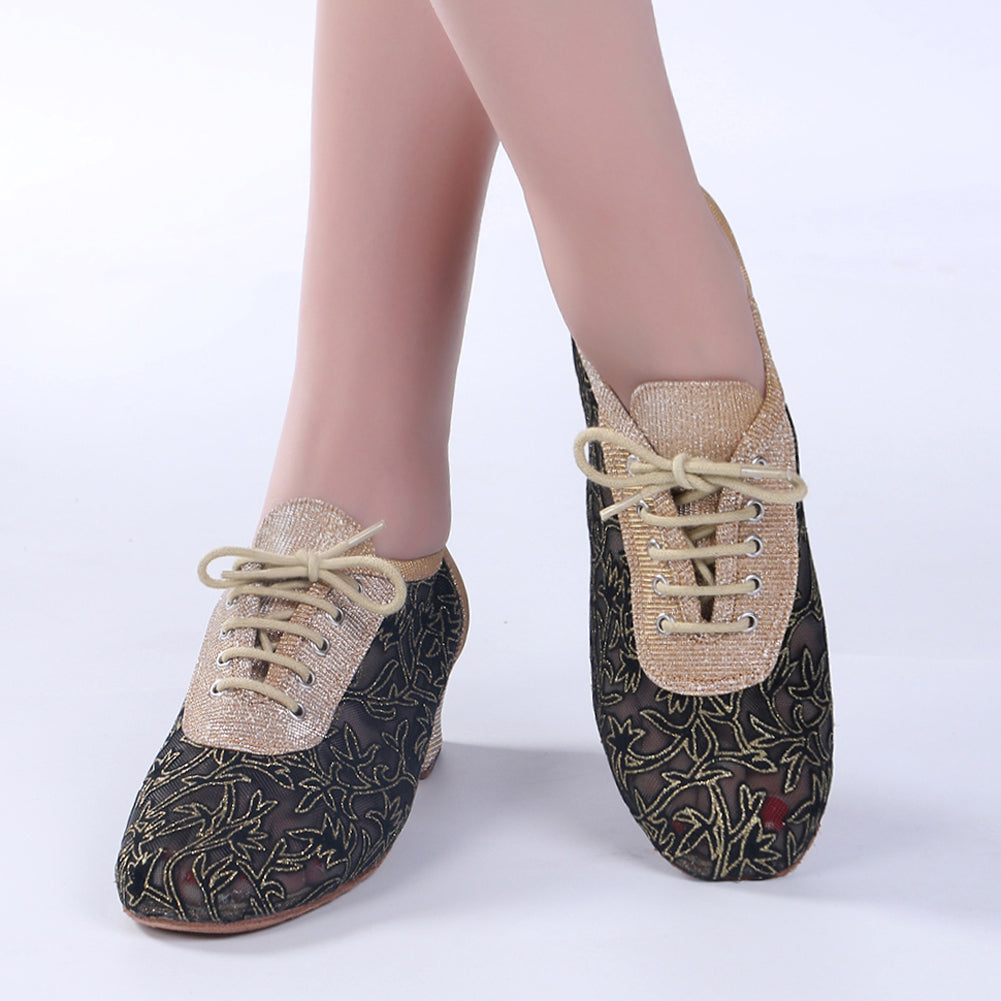 Women Ballroom Dancing Shoes with Suede Sole Lace-up Closed-toe in Gold for Tango Latin Practice (PD5004B)5