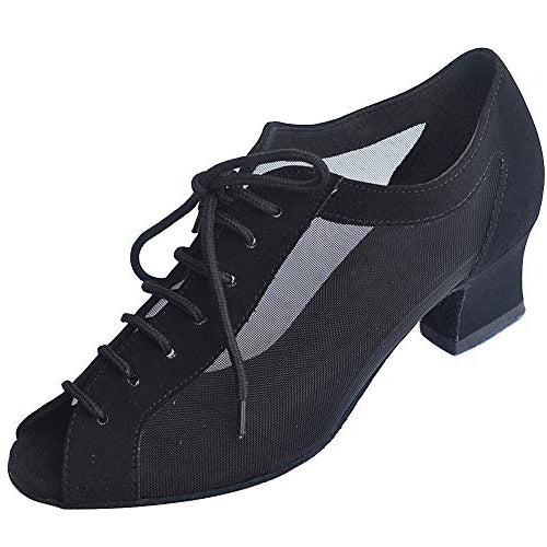 Women black open-toe ballroom dancing shoes with suede sole for tango and latin practice