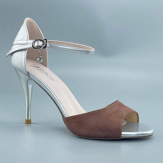 Pro Dancer open-toe Argentine Tango shoes with closed-back, high heels, hard leather sole in brown and silver (PD-9042E)8