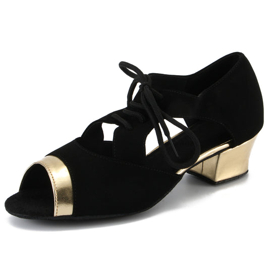 Women Ballroom Dancing Shoes with Suede Sole, Lace-up Open-toe Design in Black and Gold for Tango Latin Practice (PD-3004A)4