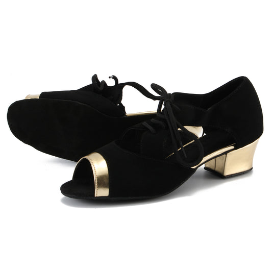 Women Ballroom Dancing Shoes with Suede Sole, Lace-up Open-toe Design in Black and Gold for Tango Latin Practice (PD-3004A)1