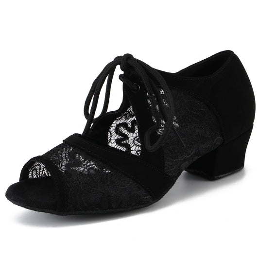 Women Ballroom Dancing Shoes with Suede Sole for Tango Latin Practice, Lace-up Open-toe Design in Black (PD-3001A)4