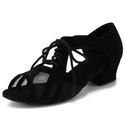 Women Ballroom Dancing Shoes with Suede Sole, Lace-up Open-toe Design in Black for Tango Latin Practice - PD-3002A9