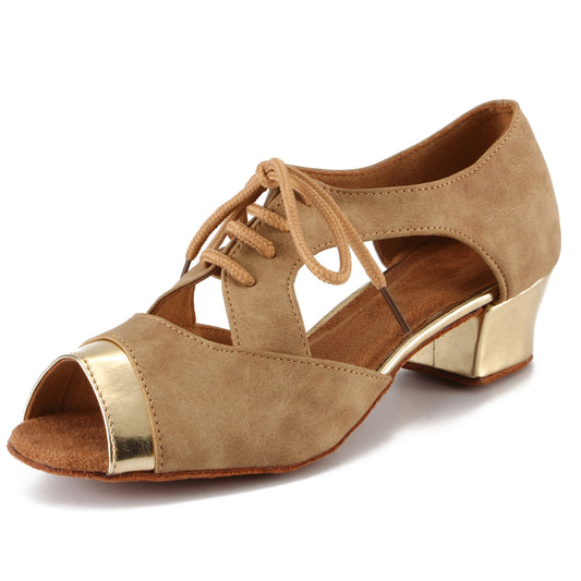 Women Ballroom Dancing Shoes with Suede Sole, Lace-up Open-toe Design in Brown and Gold for Tango Latin Practice (PD-3004B)3