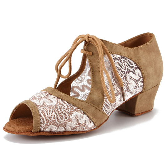 Women Ballroom Dancing Shoes with Suede Sole, Lace-up Open-toe Design in Brown for Tango Latin Practice (PD-3001B)3