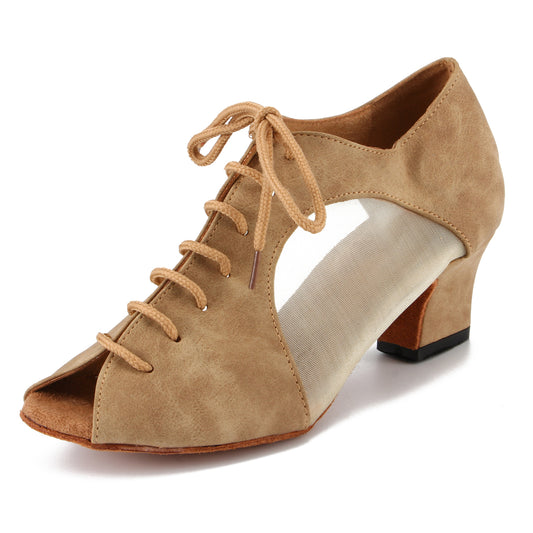 Women Ballroom Dancing Shoes with Suede Sole, Lace-up Open-toe Design in Brown for Tango Latin Practice (PD-3003B)5
