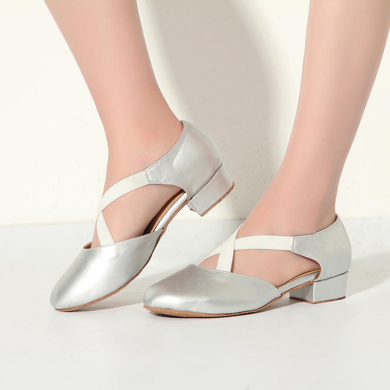 Women Ballroom Dancing Shoes with Suede Sole, Closed-toe Silver Tango Latin Practice Dance Shoe for Ladies (PD7307F)5