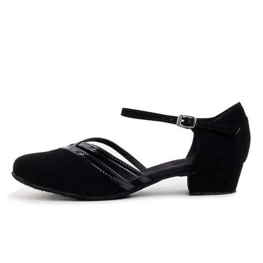 Women Ballroom Dancing Shoes with Suede Sole and Buckle-up Closed-toe in Black for Tango Latin Practice (PD8881A)0