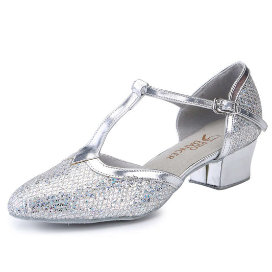 Women's Pumps Ballroom Dance Shoes Suede Sole Closed-toe Party Wedding Footwears Silver Glitter