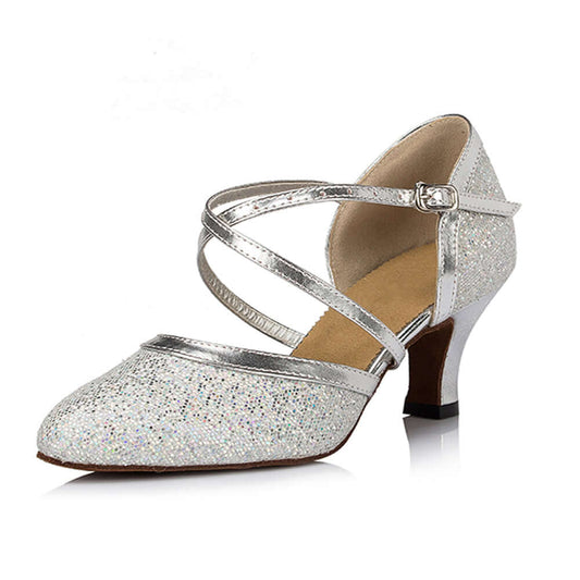 Women's Pumps Ballroom Dance Shoes Suede Sole Closed-toe Party Wedding Footwears Mid Heel Silver