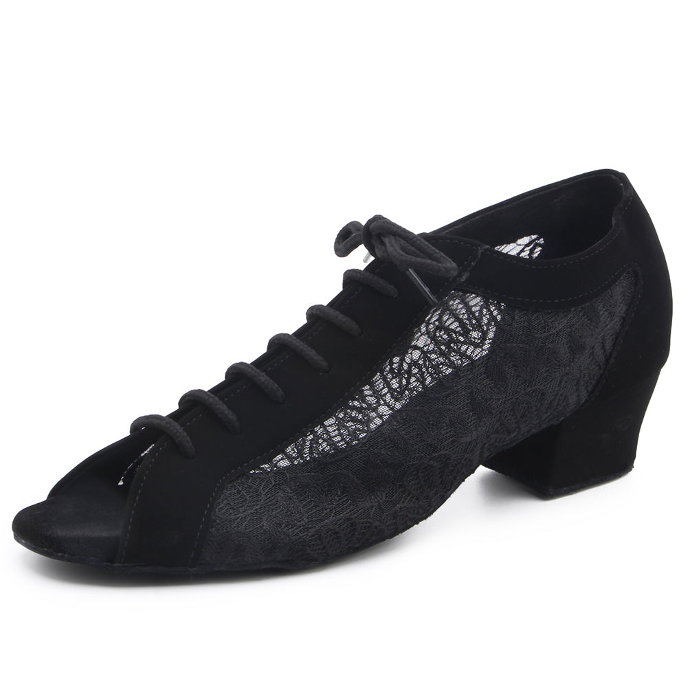 Women Ballroom Dancing Shoes Ladies Tango Latin Practice Dance Shoe Suede Sole Open-toe Lace-up Black (PD1123G)