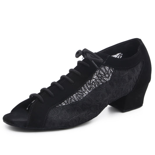 Women Ballroom Dancing Shoes with Suede Sole, Open-toe Lace-up Design in Black for Tango Latin Practice (PD1123G)5