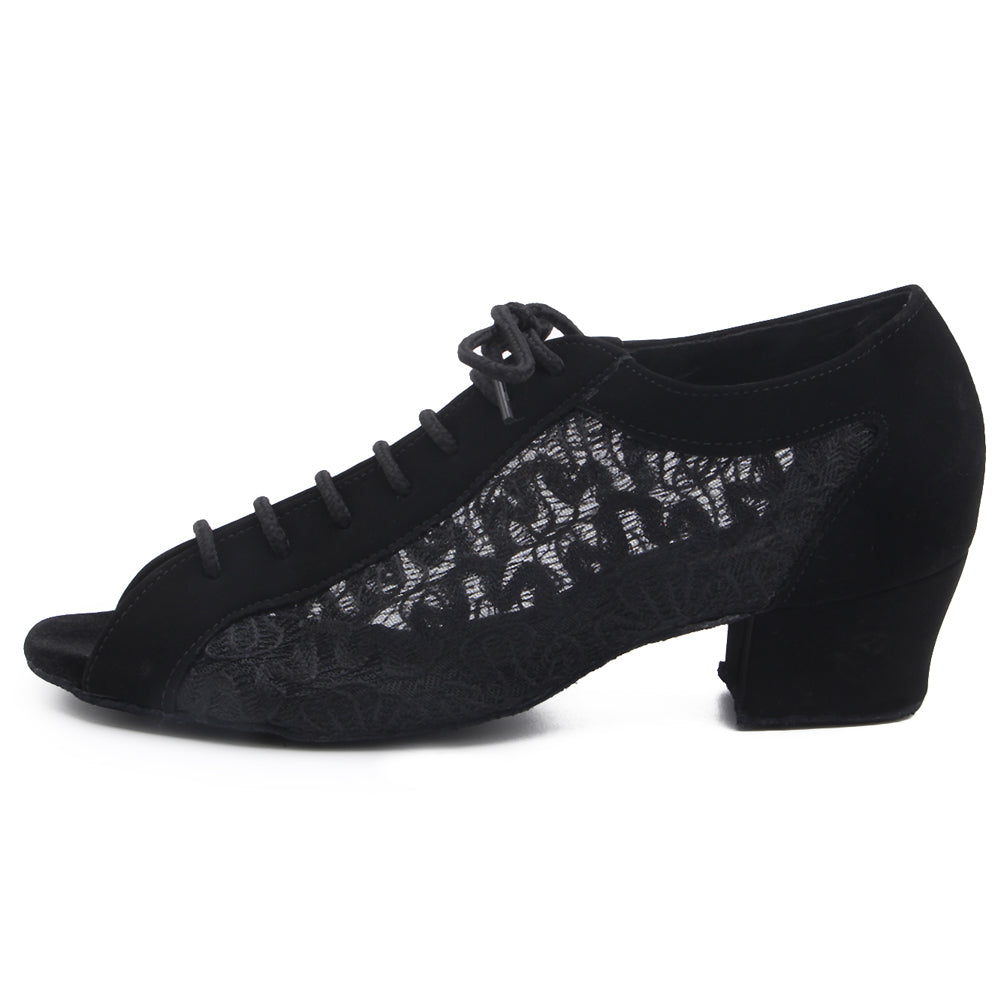 Women Ballroom Dancing Shoes with Suede Sole, Open-toe Lace-up Design in Black for Tango Latin Practice (PD1123G)1