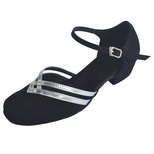Women Ballroom Dancing Shoes with Suede Sole, Buckle-up Closed-toe Design in Black and Silver for Tango Latin Practice (PD8881B)4