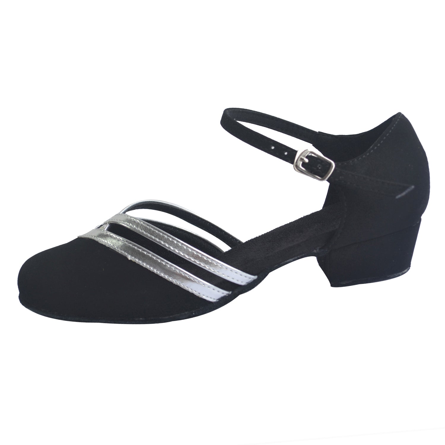 Women Ballroom Dancing Shoes with Suede Sole, Buckle-up Closed-toe Design in Black and Silver for Tango Latin Practice (PD8881B)2