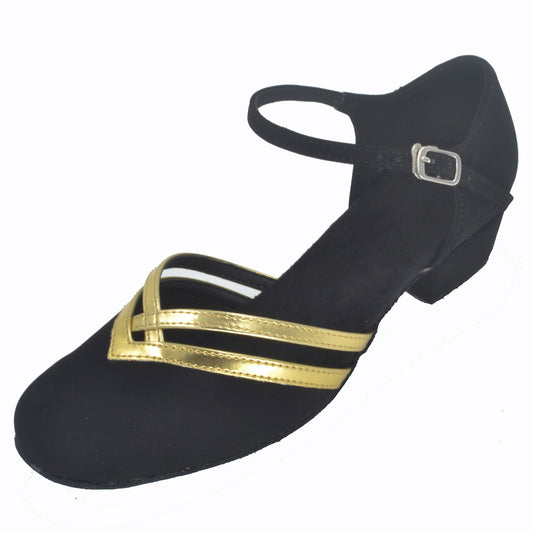 Women black and gold ballroom dancing shoes with suede sole and buckle-up closed-toe design for tango and latin practice (PD8881C)5