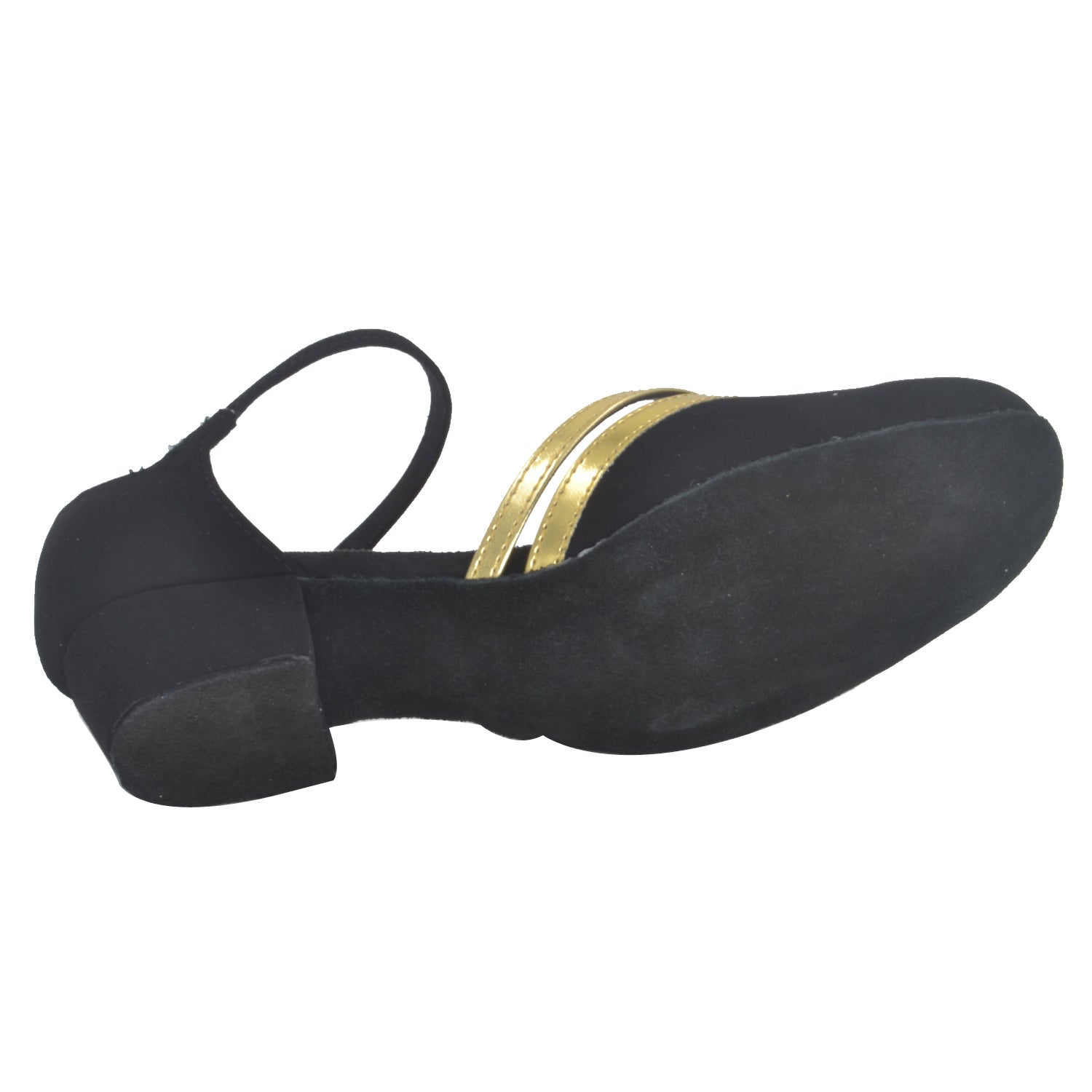Elegant black and gold women's ballroom dancing shoes with suede sole for tango and Latin dance0