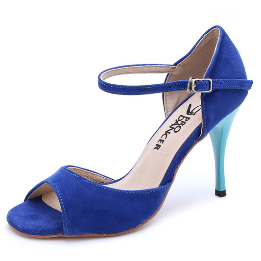 Women's Pro Dancer blue leather high heels for Argentine Tango3