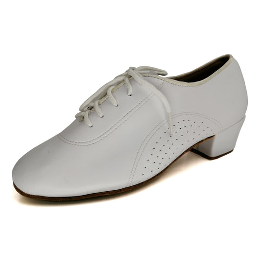 Women white lace-up closed-toe ballroom dancing shoes with suede sole for tango and latin practice (PD5005B)