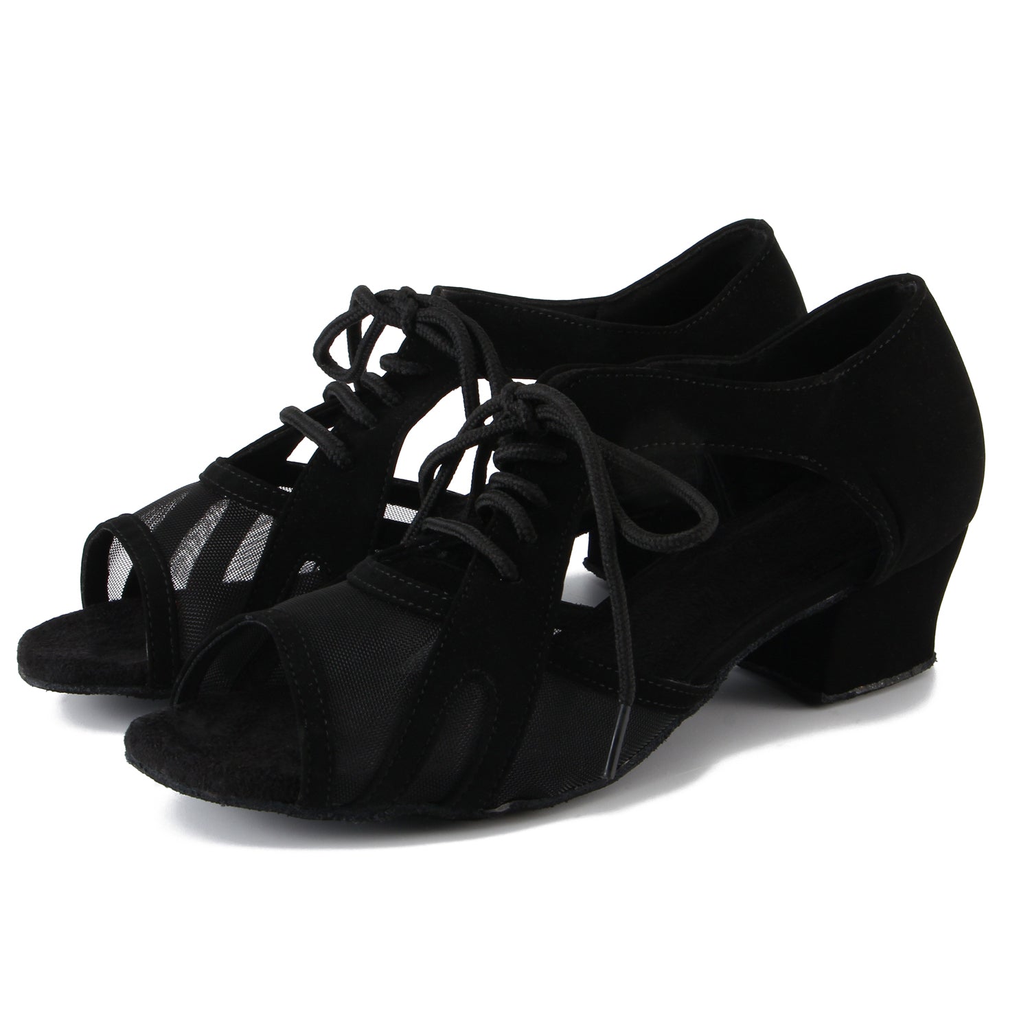 Women Ballroom Dancing Shoes with Suede Sole, Lace-up Open-toe Design in Black for Tango Latin Practice - PD-3002A8