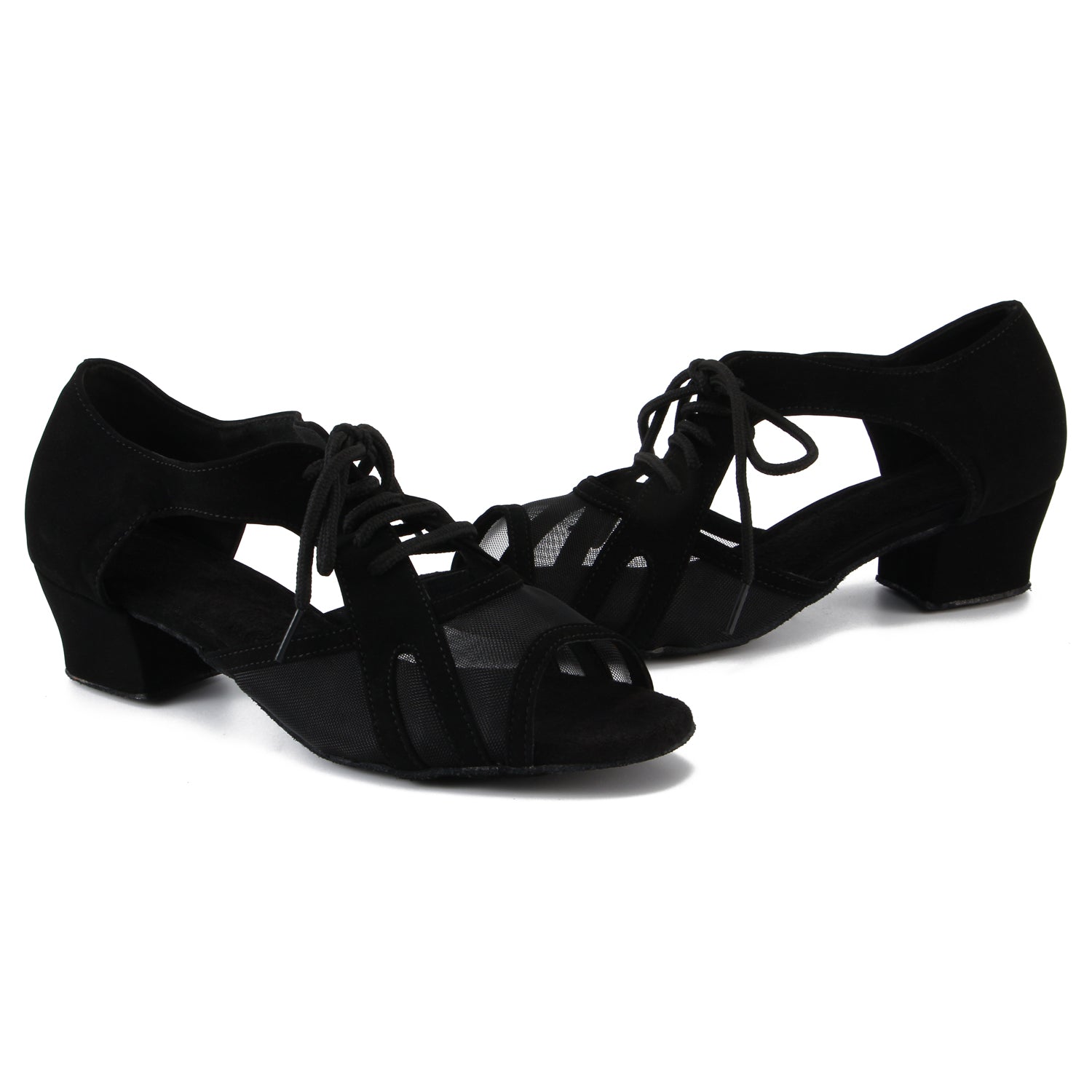 Women Ballroom Dancing Shoes with Suede Sole, Lace-up Open-toe Design in Black for Tango Latin Practice - PD-3002A2
