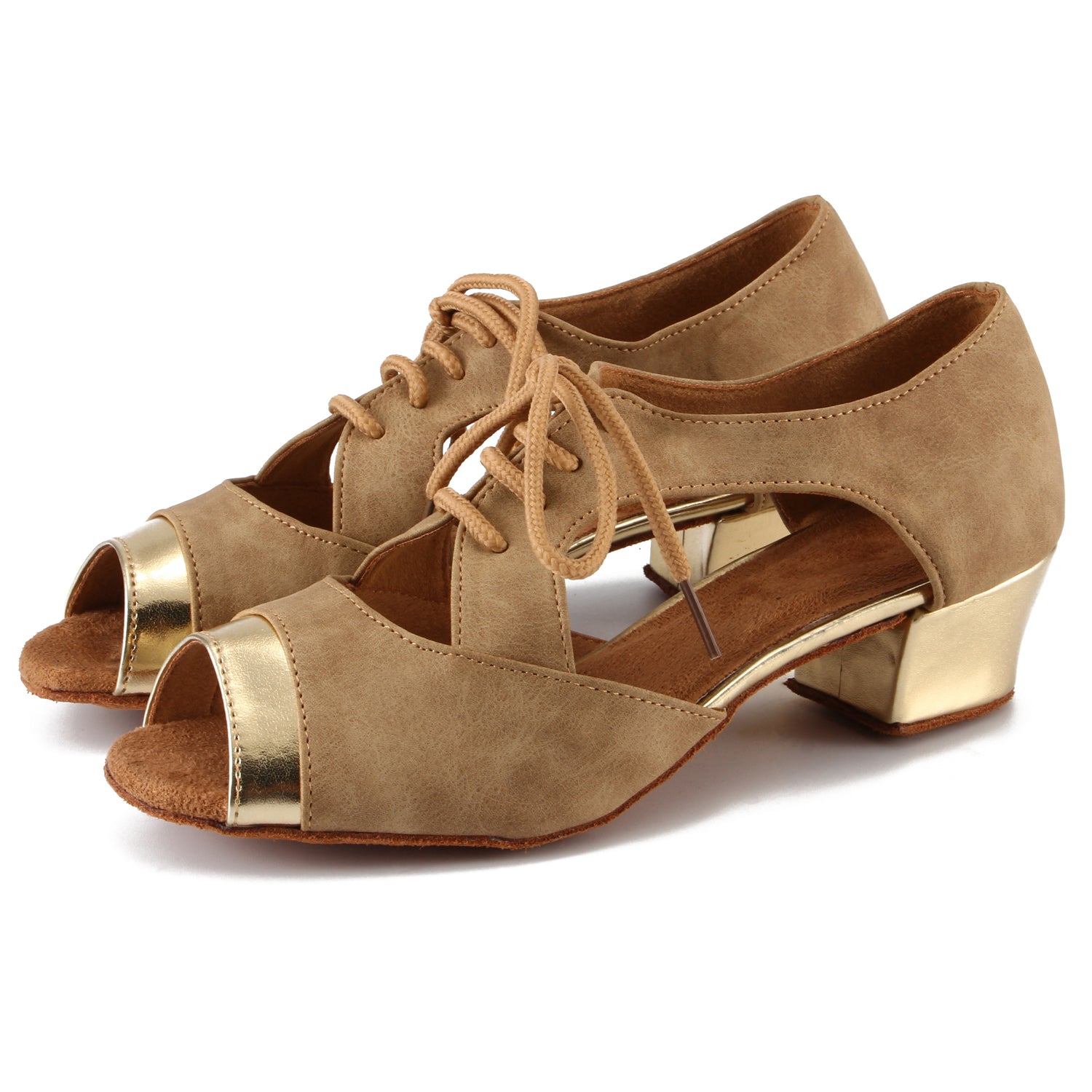 Women Ballroom Dancing Shoes with Suede Sole, Lace-up Open-toe Design in Brown and Gold for Tango Latin Practice (PD-3004B)9