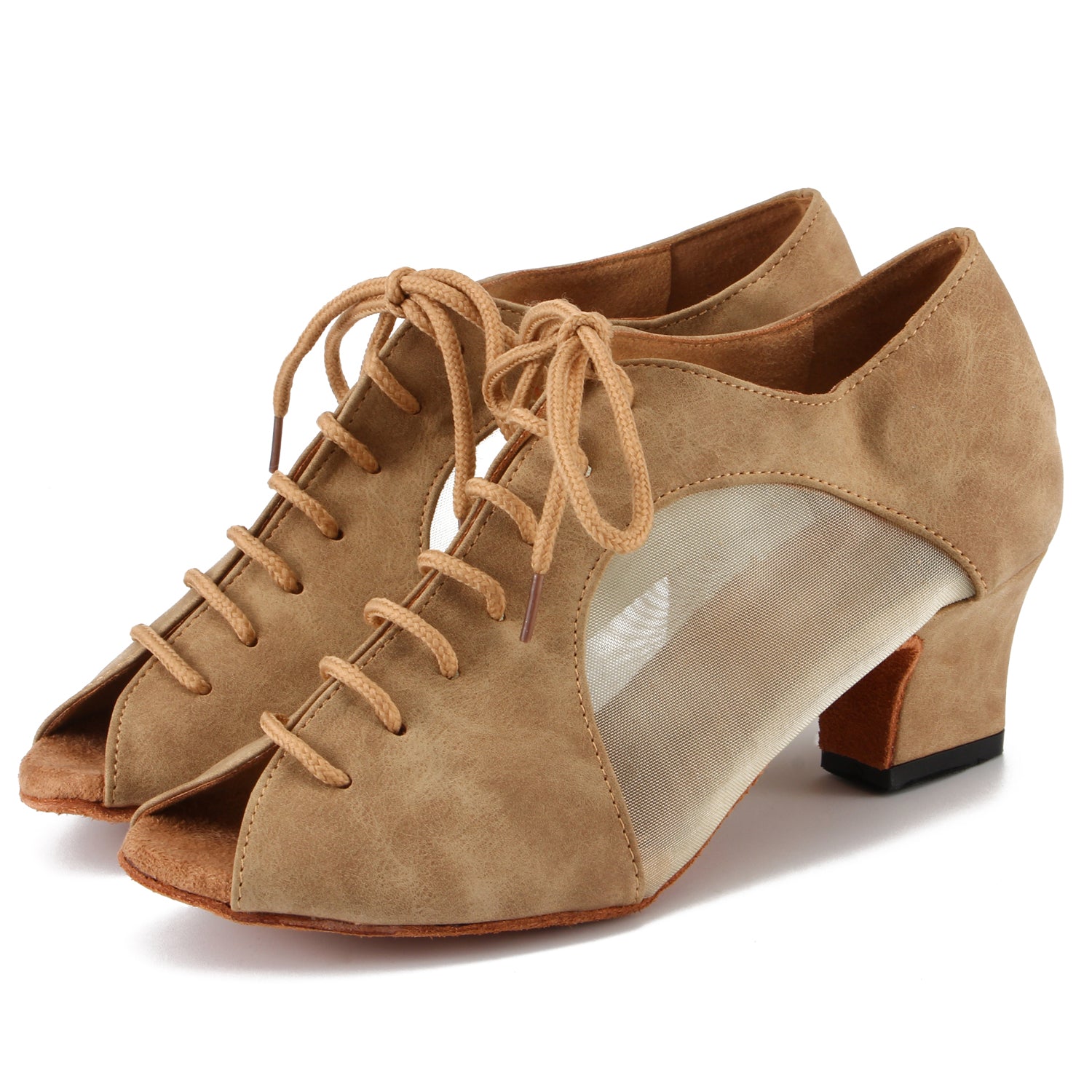 Women Ballroom Dancing Shoes with Suede Sole, Lace-up Open-toe Design in Brown for Tango Latin Practice (PD-3003B)2