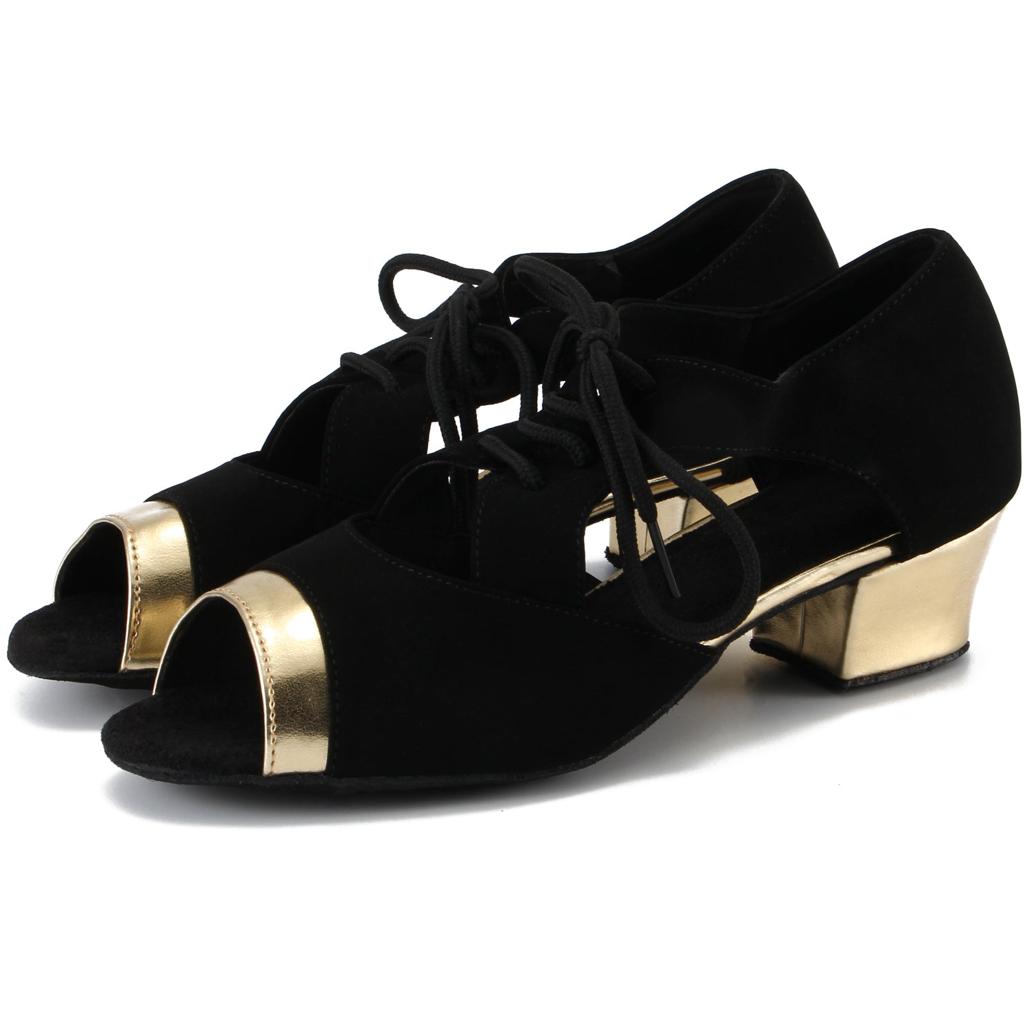 Women Ballroom Dancing Shoes with Suede Sole, Lace-up Open-toe Design in Black and Gold for Tango Latin Practice (PD-3004A)9