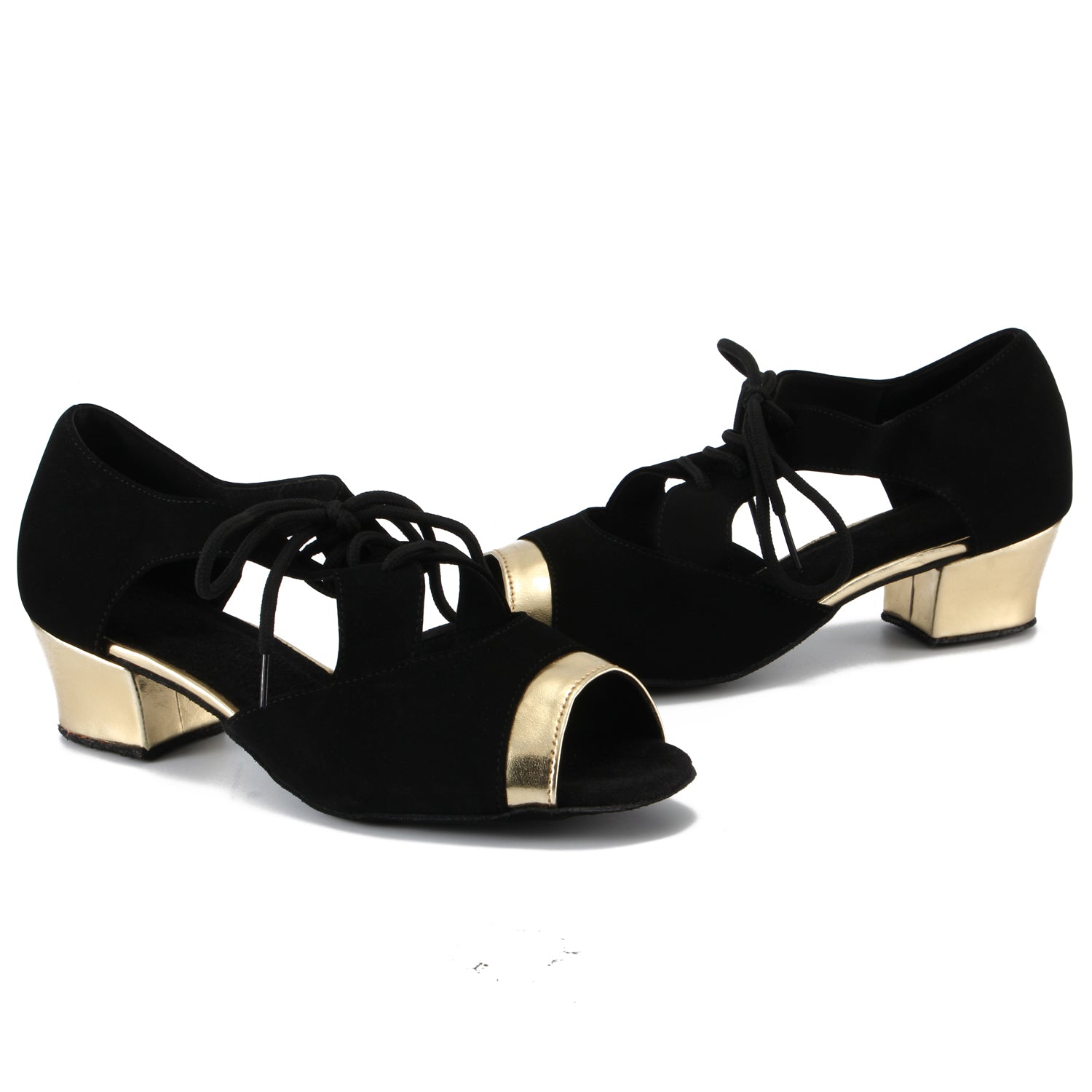 Women Ballroom Dancing Shoes with Suede Sole, Lace-up Open-toe Design in Black and Gold for Tango Latin Practice (PD-3004A)0