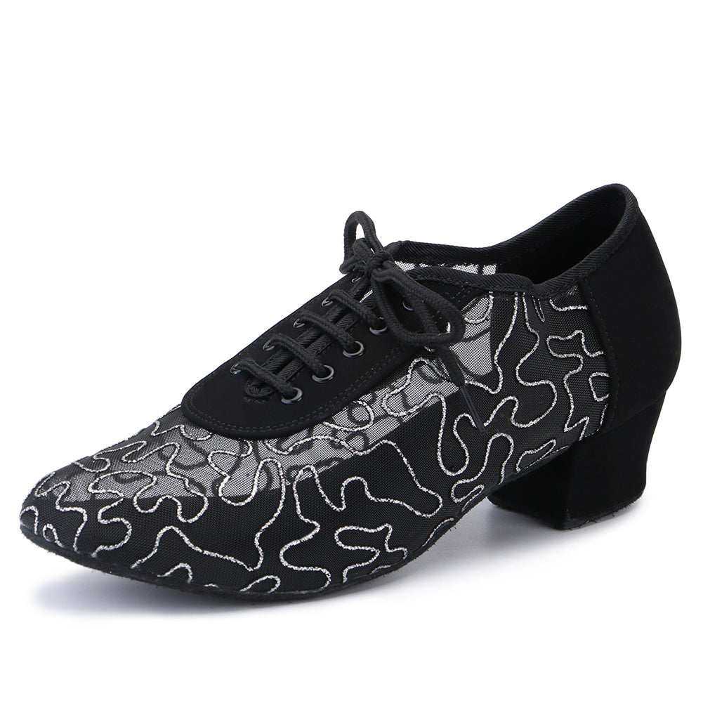 Women Ballroom Dancing Shoes Ladies Tango Latin Practice Dance Shoe Suede Sole Lace-up Closed-toe Black and Silver (PD5004C)