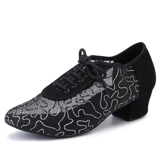 Women Ballroom Dancing Shoes with Suede Sole, Lace-up Closed-toe Design in Black and Silver for Tango Latin Practice (PD5004C)3