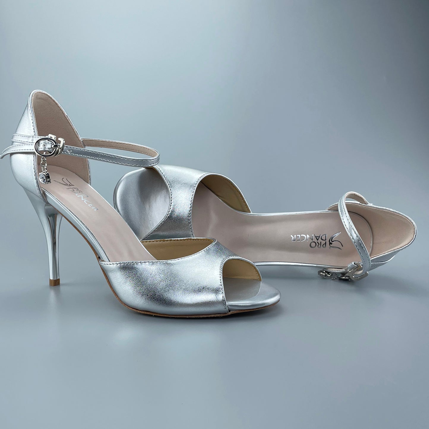 Pro Dancer Open-toe and Closed-back Argentine Tango Shoes High Salsa Heels Hard Leather Sole Sandals Silver (PD-9043A)