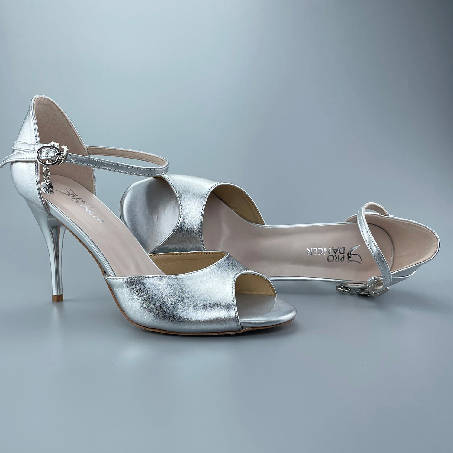 Pro Dancer Tango Shoes silver open-toe salsa heels with leather sole2