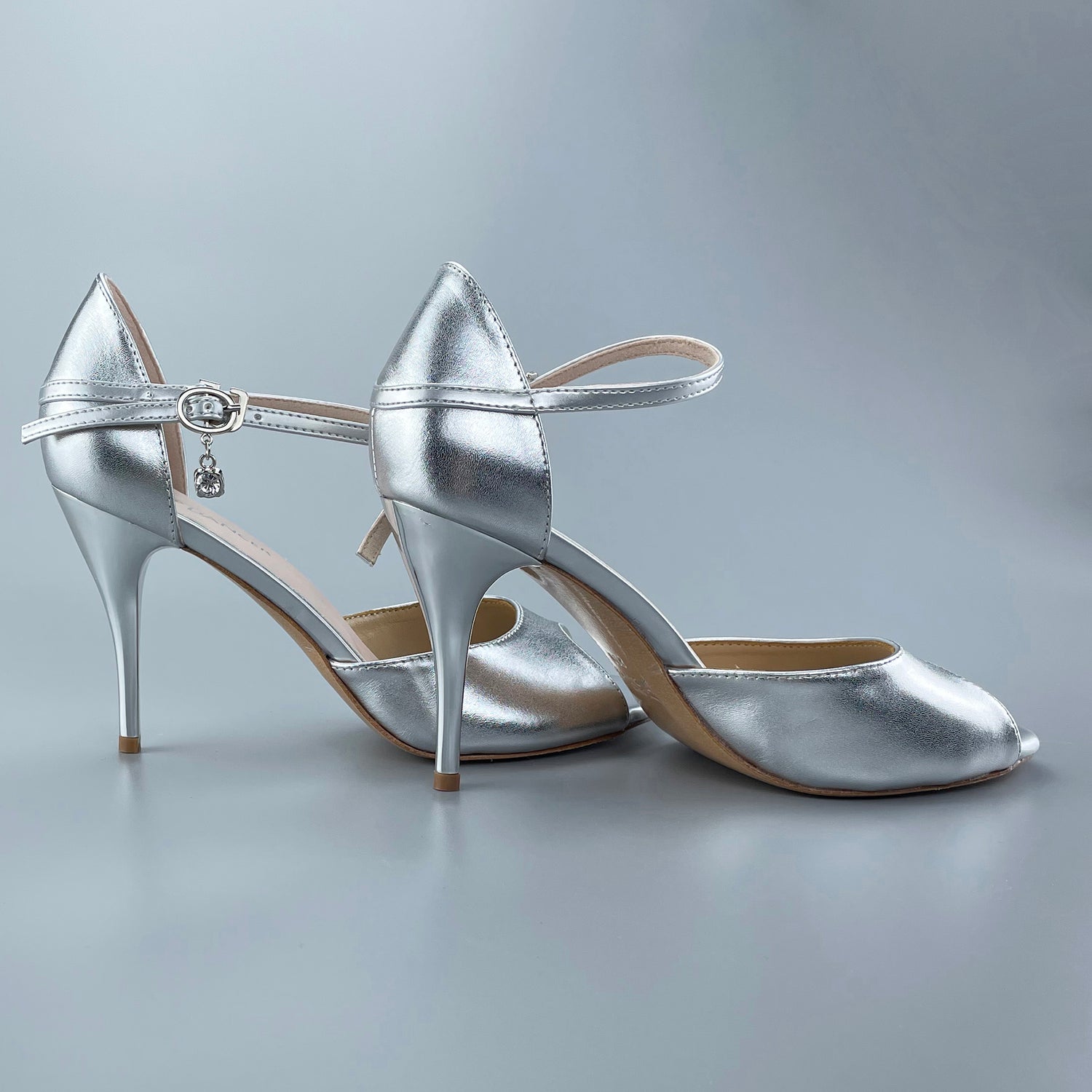 Pro Dancer Tango Shoes silver open-toe salsa heels with leather sole5