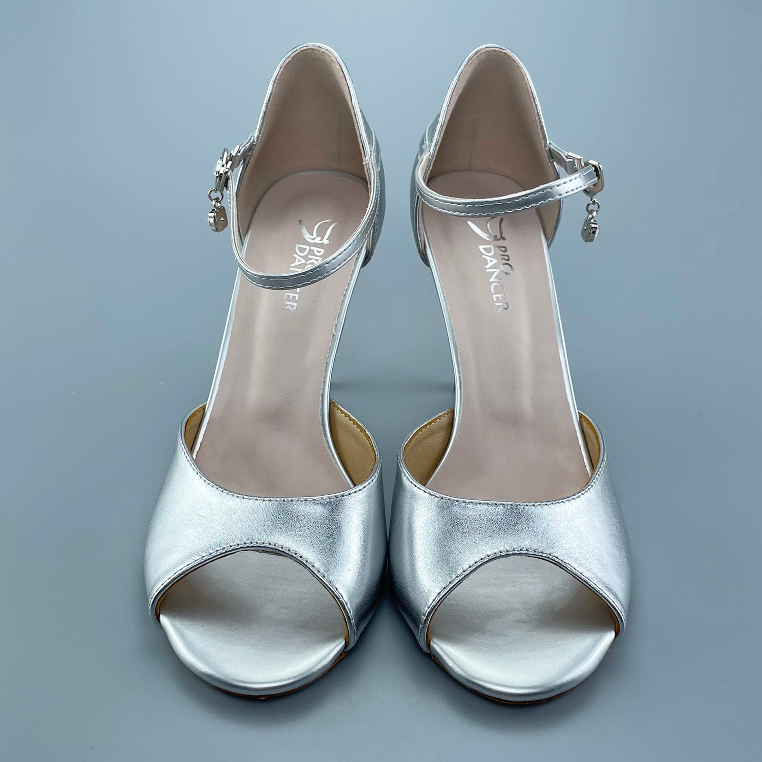 Pro Dancer Tango Shoes silver open-toe salsa heels with leather sole4
