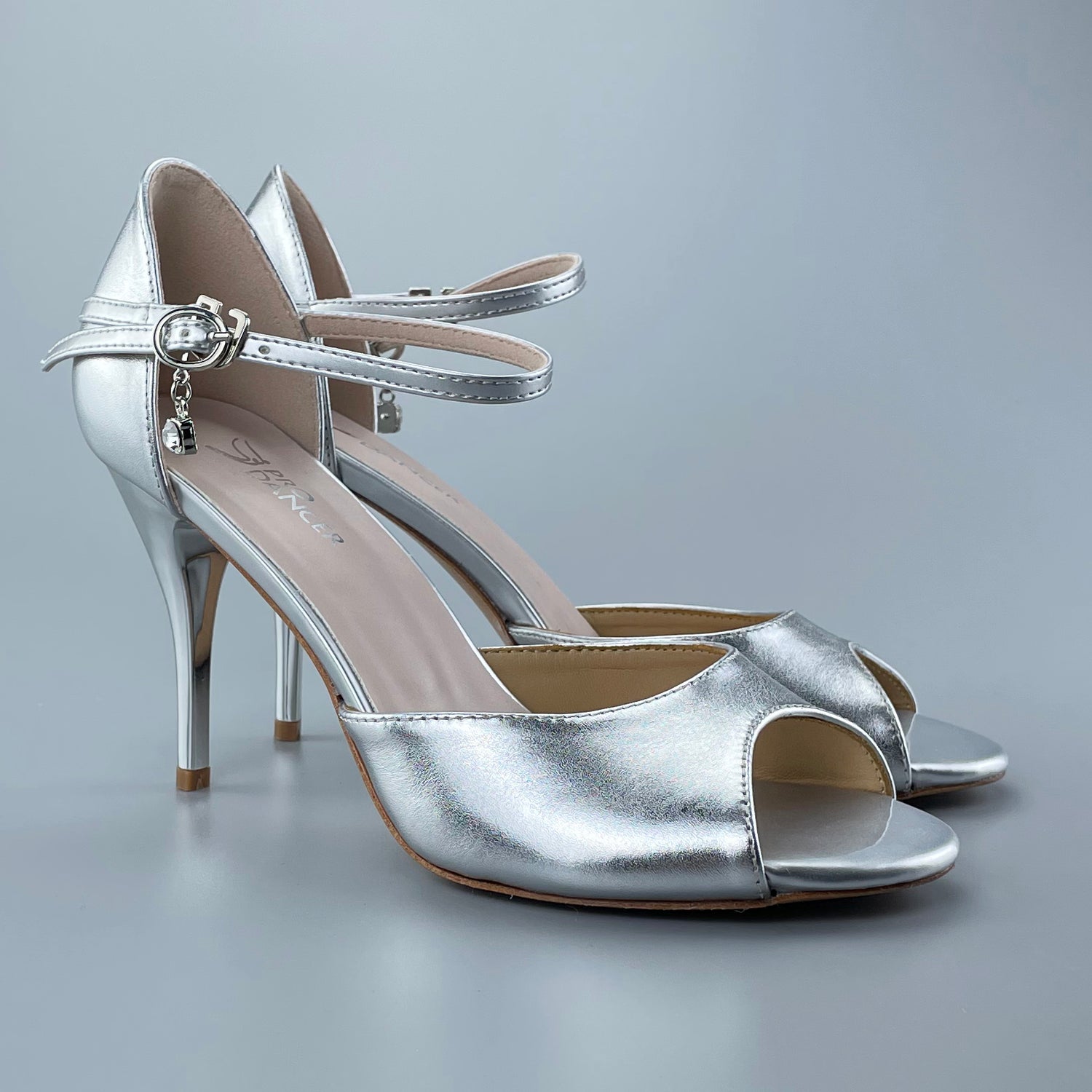 Pro Dancer Tango Shoes silver open-toe salsa heels with leather sole7