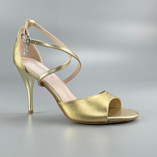 Pro Dancer Gold Tango Shoes Open-Toe Salsa Heels with Leather Sole0