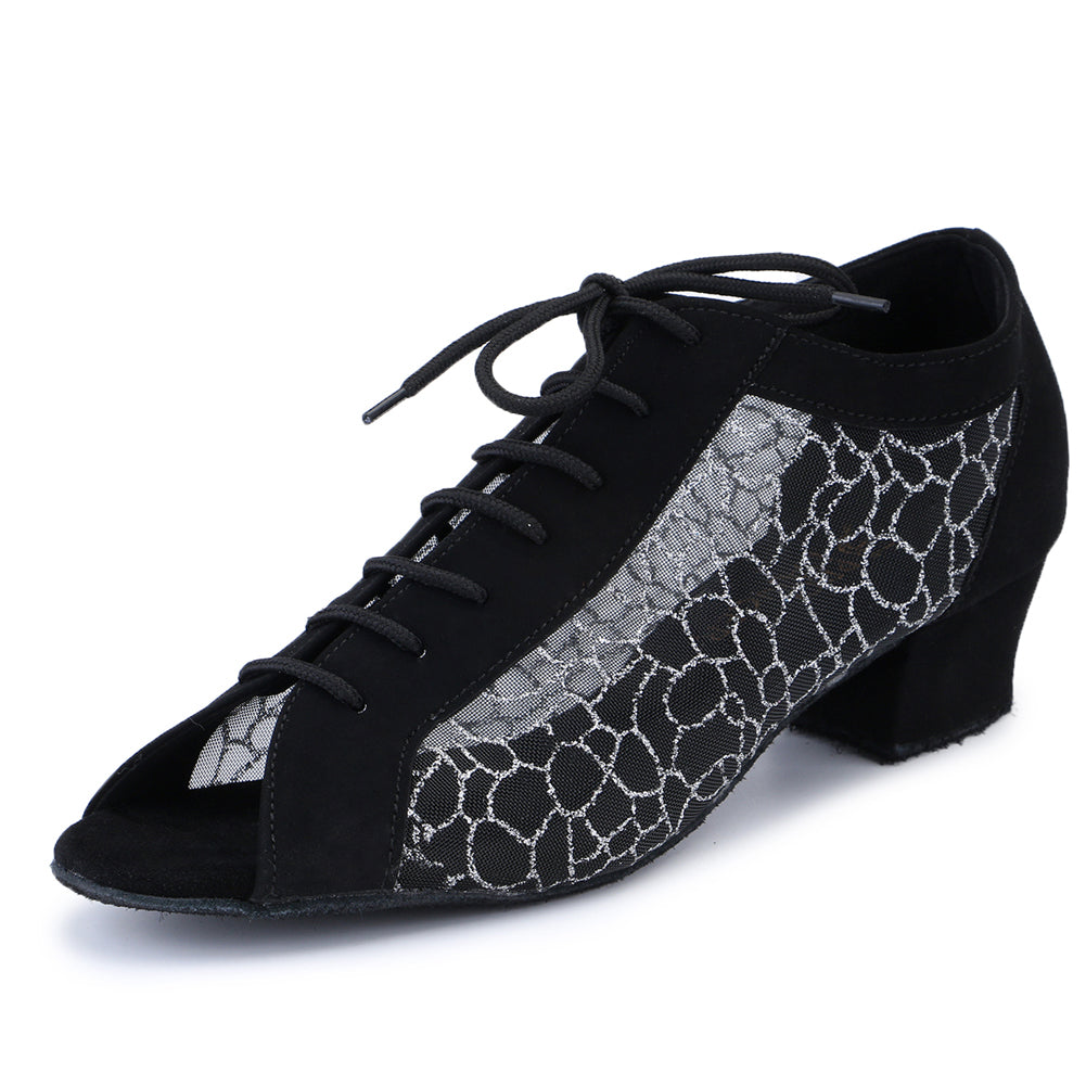 Women Ballroom Dancing Shoes Ladies Tango Latin Practice Dance Shoe Suede Sole Lace-up Open-toe Black and Silver (PD1123A)