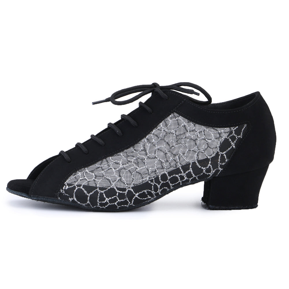 Women Ballroom Dancing Shoes with Suede Sole, Lace-up Open-toe Design in Black and Silver for Tango Latin Practice (PD1123A)4