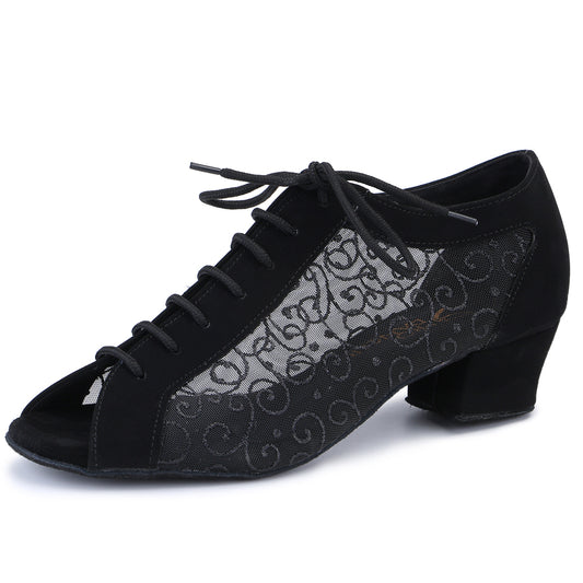 Women Ballroom Dancing Shoes Ladies Tango Latin Practice Dance Shoe Suede Sole Lace-up Open-toe Black (PD1123B)