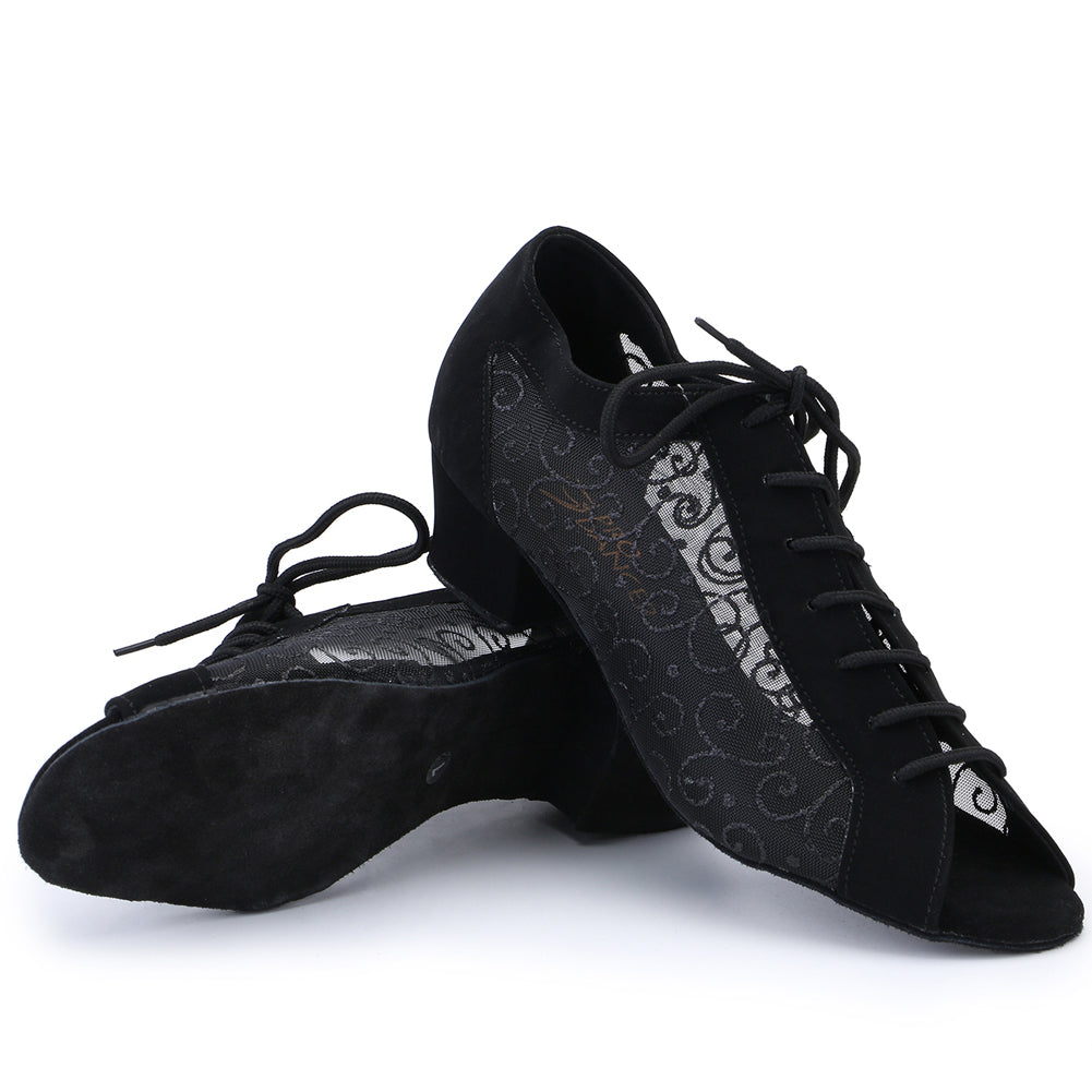 Women Ballroom Dancing Shoes Ladies Tango Latin Practice Dance Shoe Suede Sole Lace-up Open-toe Black (PD1123B)