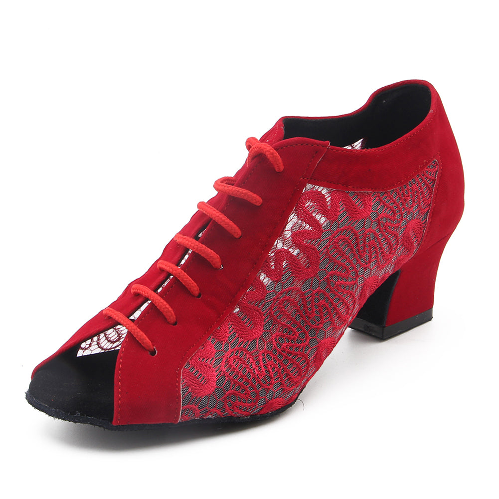 Women Ballroom Dancing Shoes Ladies Tango Latin Practice Dance Shoe Suede Sole Lace-up Open-toe Red (PD1123D)