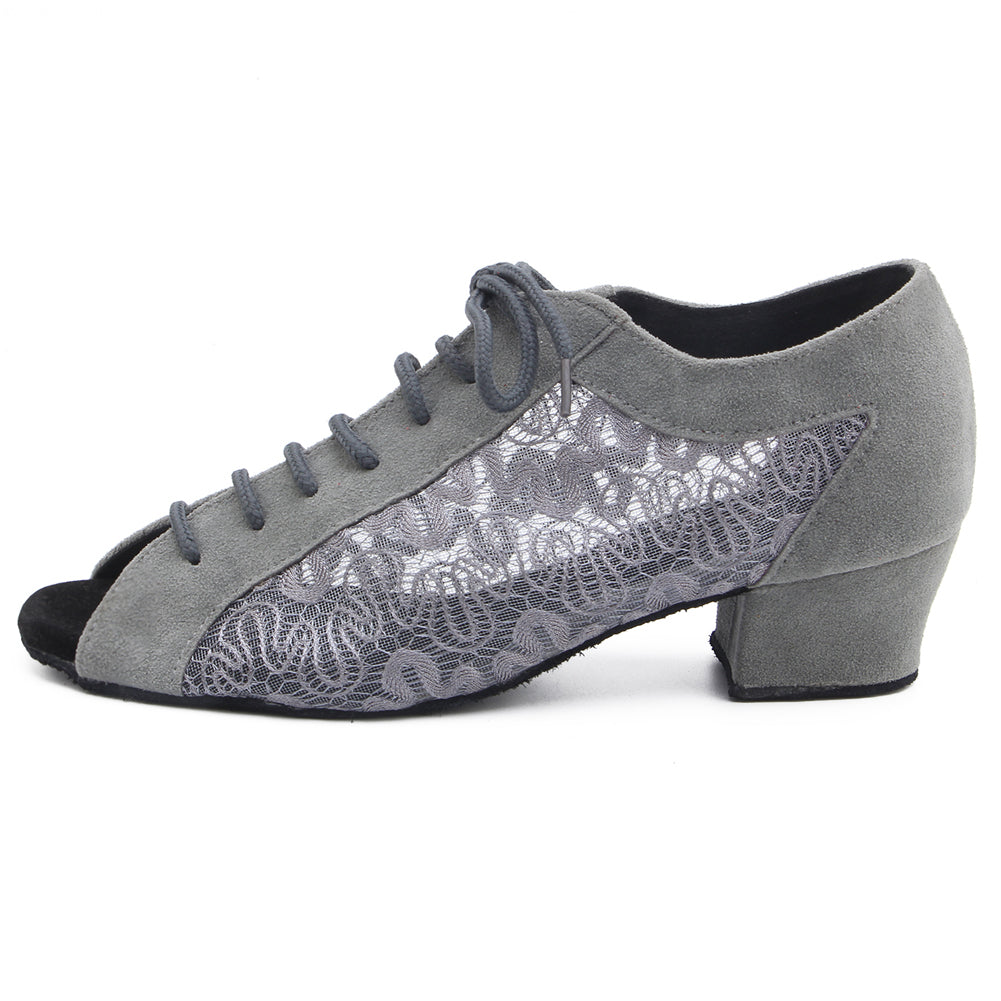 Women Ballroom Dancing Shoes Ladies Tango Latin Practice Dance Shoe Suede Sole Lace-up Open-toe Gray (PD1123E)