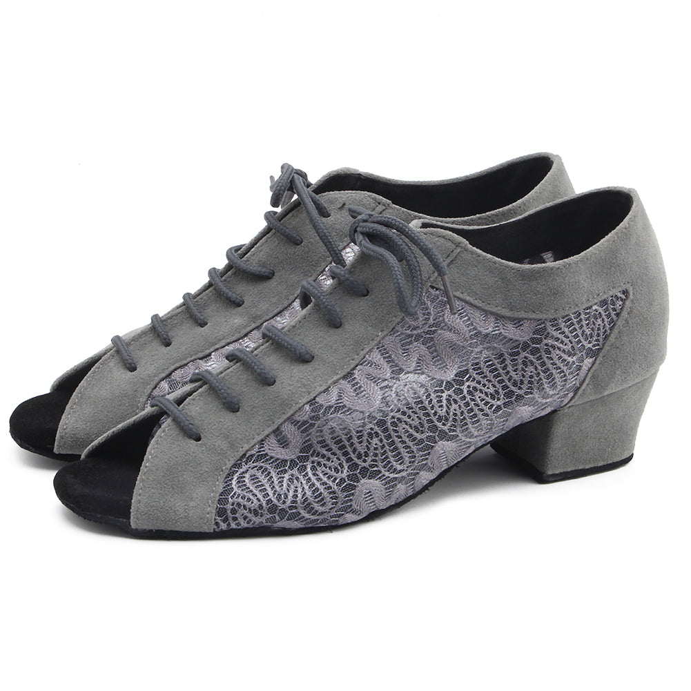 Women gray open-toe ballroom dancing shoes with suede sole for tango and latin practice0
